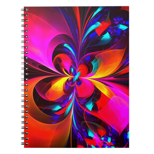 Caderno Espiral Padrão Azul Vermelho Abstrato Floral Moderno #07 (Frente)
