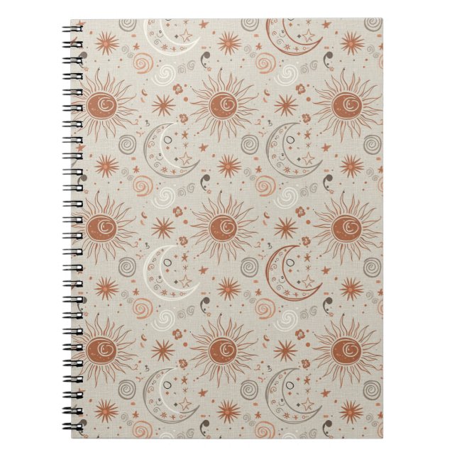Caderno Espiral Padrão Boho Sol e Lua (Frente)