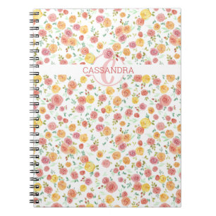 Caderno Espiral Padrão Bonito de Rosa Floral com Nome Monograma