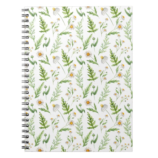 Caderno Espiral Padrão Botânico da Flor Chamomile (Frente)
