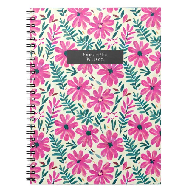 Caderno Espiral Padrão Botânico de Aquarela Rosa (Frente)
