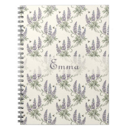 Caderno Espiral Padrão Botânico Vintage Elegante de Lupino e Abelh