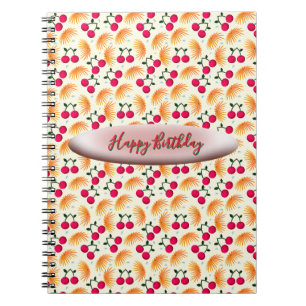 Caderno Espiral Padrão Cereja Floral Laranja Personalizado
