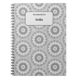 Caderno Espiral Padrão circular preto&branco com nome de etiqueta