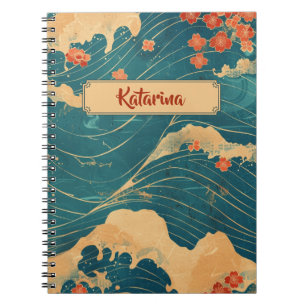 Caderno Espiral Padrão Clássico da Cereja Onda Azul Japonesa