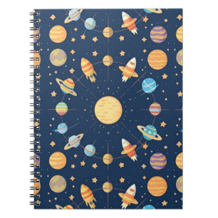 Caderno Espiral Padrão Colorido com Tema Espacial e Planetas