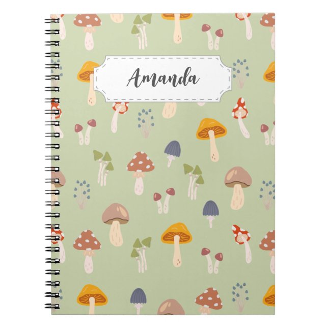 Caderno Espiral Padrão Colorido de Cogumelos - Nome Personalizado (Frente)