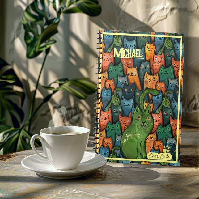 Caderno Espiral Padrão Colorido de Gatos legal (Cool Cats Colorful Pattern Notebook)