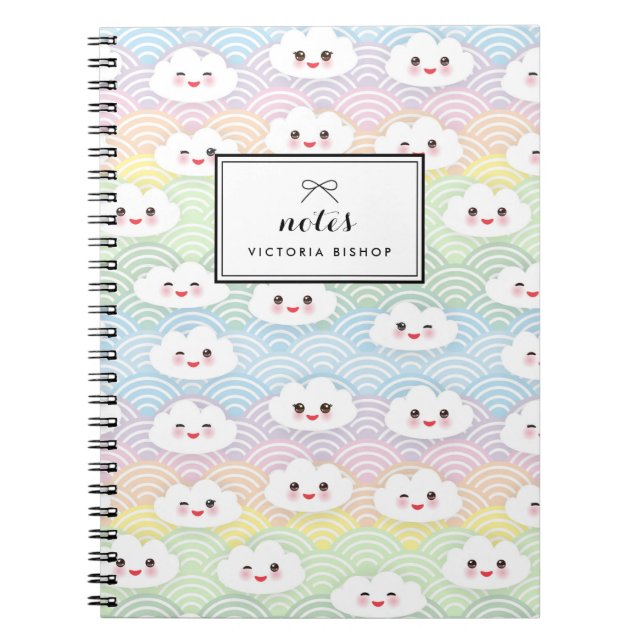 Caderno Espiral Padrão Colorido de Nuvens Pastel Kawaii Personaliz (Frente)
