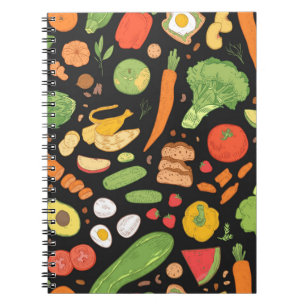 Caderno Espiral Padrão constante com comida alimentar, grupo saudá