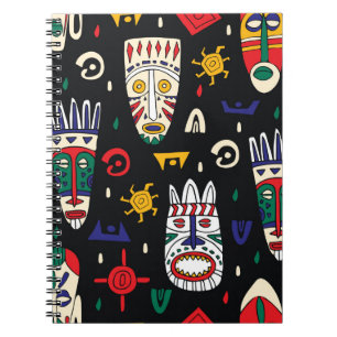 Caderno Espiral Padrão constante de máscaras tribais africanas