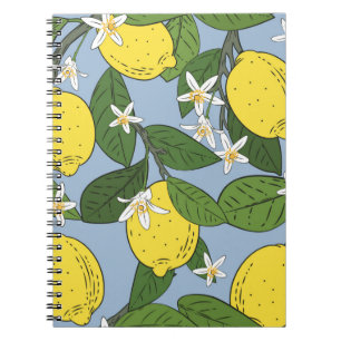 Caderno Espiral Padrão constante de ramos com limões, verde l