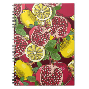 Caderno Espiral Padrão contínuo colorido com romãs e limão