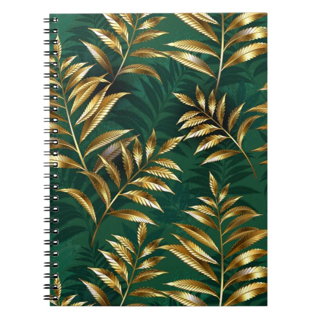 Caderno Espiral Padrão contínuo com samambaias douradas (Frente)