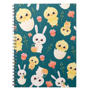 Caderno Espiral Padrão contínuo de adoráveis coelhinhos e pintinho