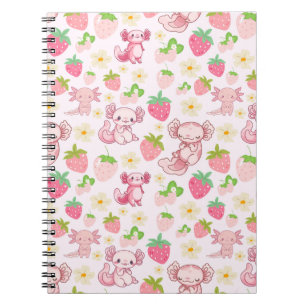 Caderno Espiral Padrão contínuo de Axolote Kawaii Fofo & Morango