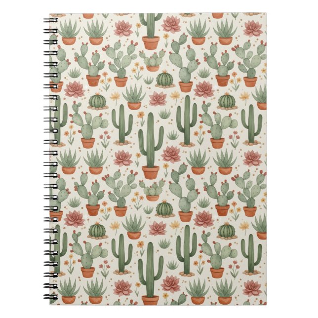 Caderno Espiral Padrão contínuo de cactos suculentos do deserto (Frente)