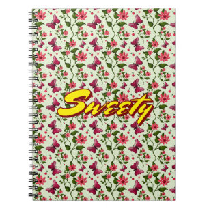 Caderno Espiral Padrão contínuo de cerejeira borboleta floral pers