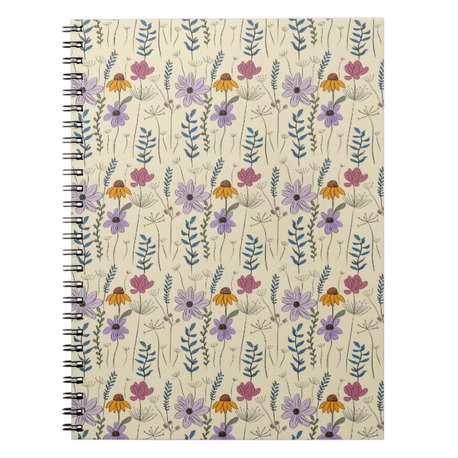 Caderno Espiral Padrão contínuo de flores silvestres caprichosas (Frente)