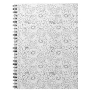 Caderno Espiral Padrão contínuo de frutas tropicais preto e branco