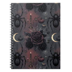 Caderno Espiral Padrão contínuo de Halloween Dark Gothic: Aranhas,