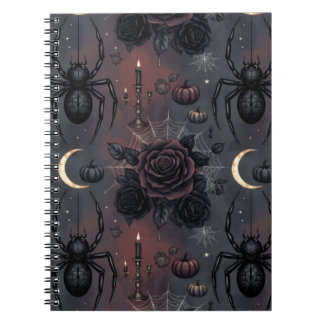 Caderno Espiral Padrão contínuo de Halloween Dark Gothic: Aranhas,