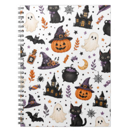 Caderno Espiral Padrão contínuo de Halloween fofo com gatos pretos