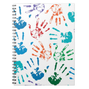 Caderno Espiral Padrão contínuo de mãos humanas multicoloridas em 