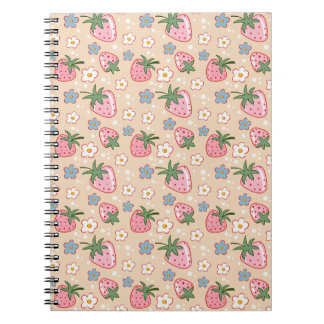 Caderno Espiral Padrão contínuo de morango e margarida fofos