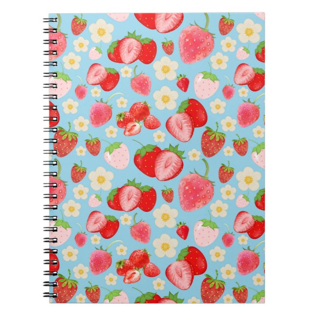 Caderno Espiral Padrão contínuo de morango em aquarela fofa (Frente)