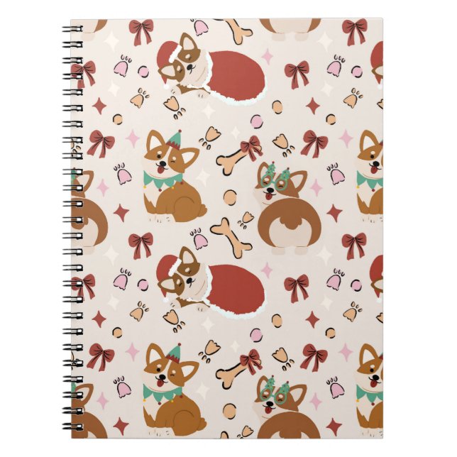 Caderno Espiral Padrão contínuo de Natal fofo do Corgi (Frente)