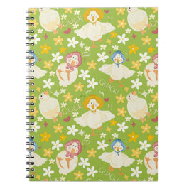 Caderno Espiral Padrão contínuo de Pato Verde Fofo & Flor de Marga