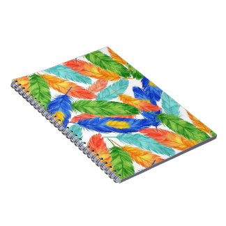 Caderno Espiral padrão contínuo de penas em aquarela