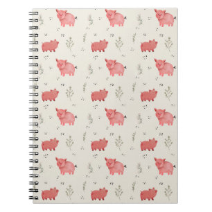 Caderno Espiral Padrão contínuo de porcos e flores em aquarela