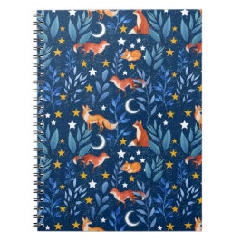 Caderno Espiral Padrão contínuo Floresta Noturna da Raposa Celesti