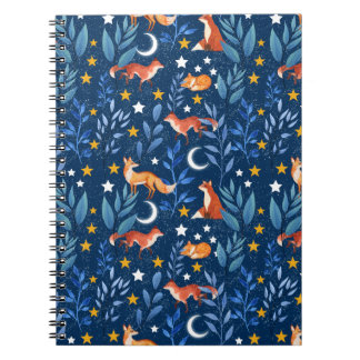 Caderno Espiral Padrão contínuo Floresta Noturna da Raposa Celesti