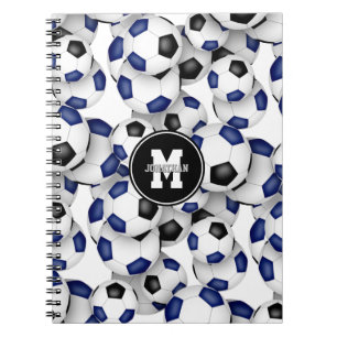 Caderno Espiral padrão das bolas de futebol preto azul monograma