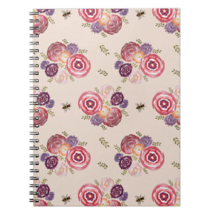 Caderno Espiral Padrão de Abelhas de Pintura de Flor