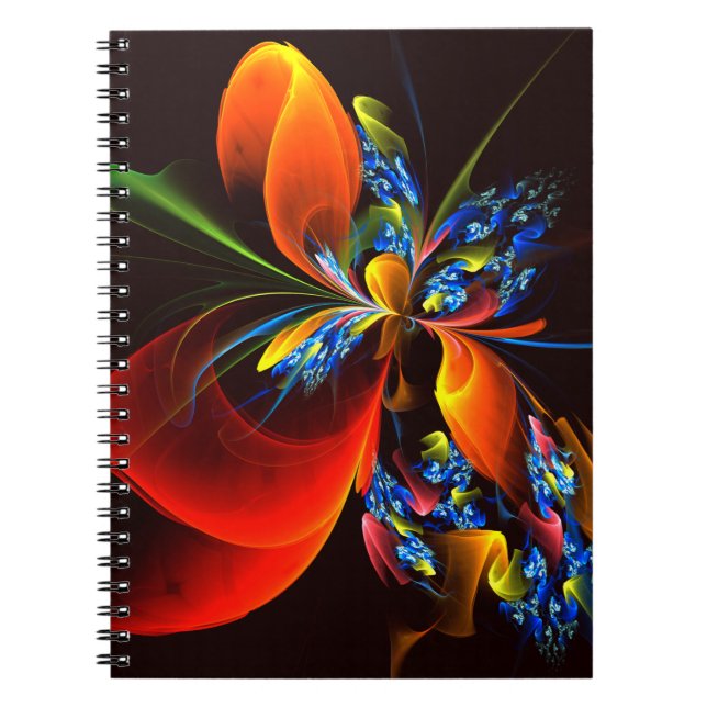 Caderno Espiral Padrão de Abstrato de Arte Floral Azul Laranja Mod (Frente)