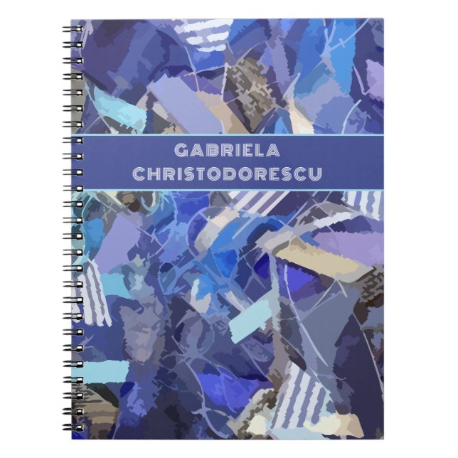 Caderno Espiral Padrão de abstrato de monograma branco roxo azul (Frente)