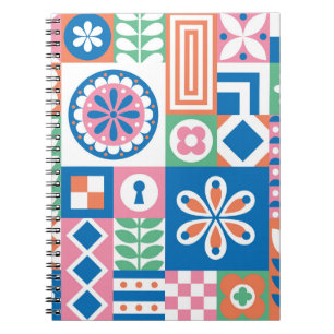 Caderno Espiral Padrão de Abstrato Floral Folk Escandinavo