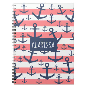 Caderno Espiral Padrão de âncora azul marinho de faixa de coral