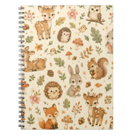 Caderno Espiral Padrão de aquarela de animais da floresta de madei