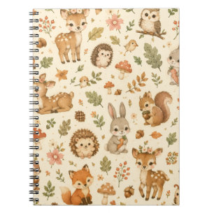 Caderno Espiral Padrão de aquarela de animais da floresta de madei