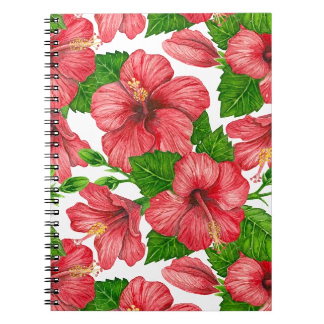 Caderno Espiral Padrão de aquarela de hibisco vermelho (Frente)