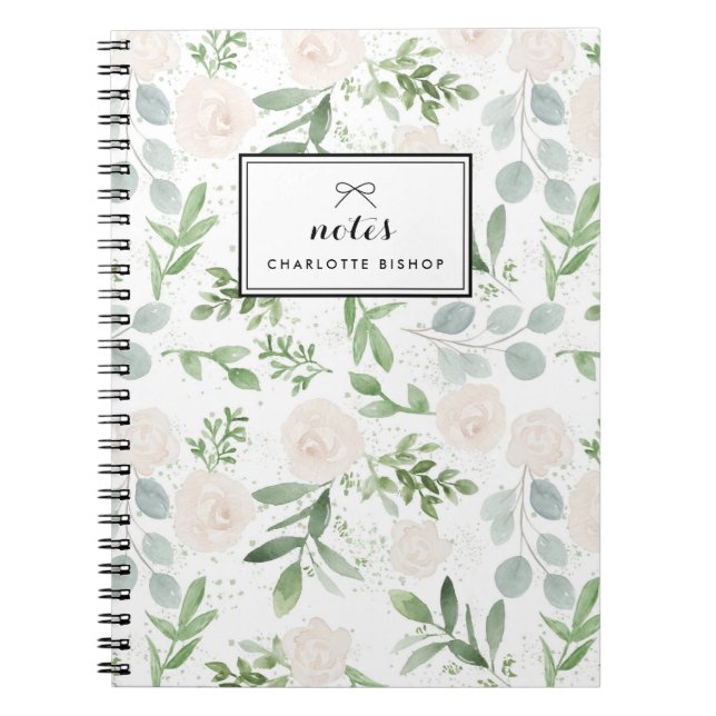 Caderno Espiral Padrão de Aquarela Verde e Flores Brancas (Frente)