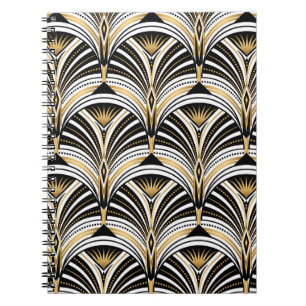 Caderno Espiral Padrão de Art Deco. Vintage gold black backgrue