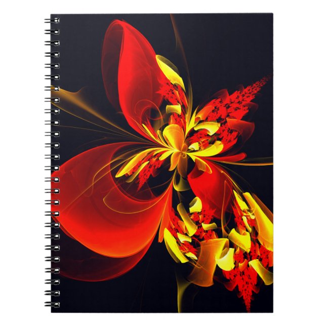 Caderno Espiral Padrão de Arte Abstrata Floral Amarelo Vermelho Mo (Frente)