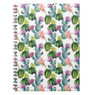 Caderno Espiral Padrão de Arte de Cactos de Aquarela