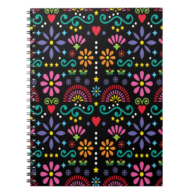 Caderno Espiral Padrão de arte popular mexicana uniforme, design c (Frente)